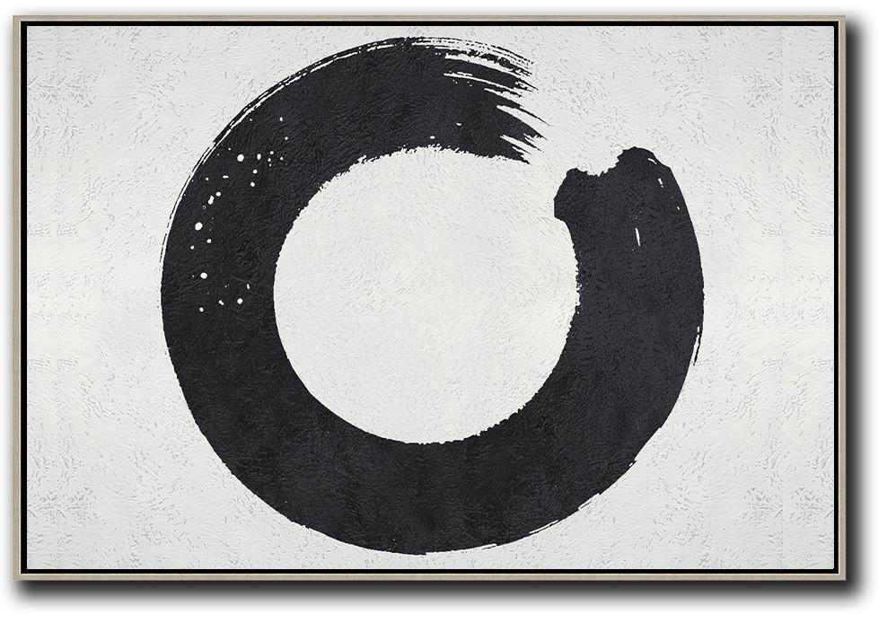 Hand-Painted Oversized Horizontal Minimalist Circle Art On Canvas, Black And White Minimalist Painting - Buy Oil Paintings Study Huge